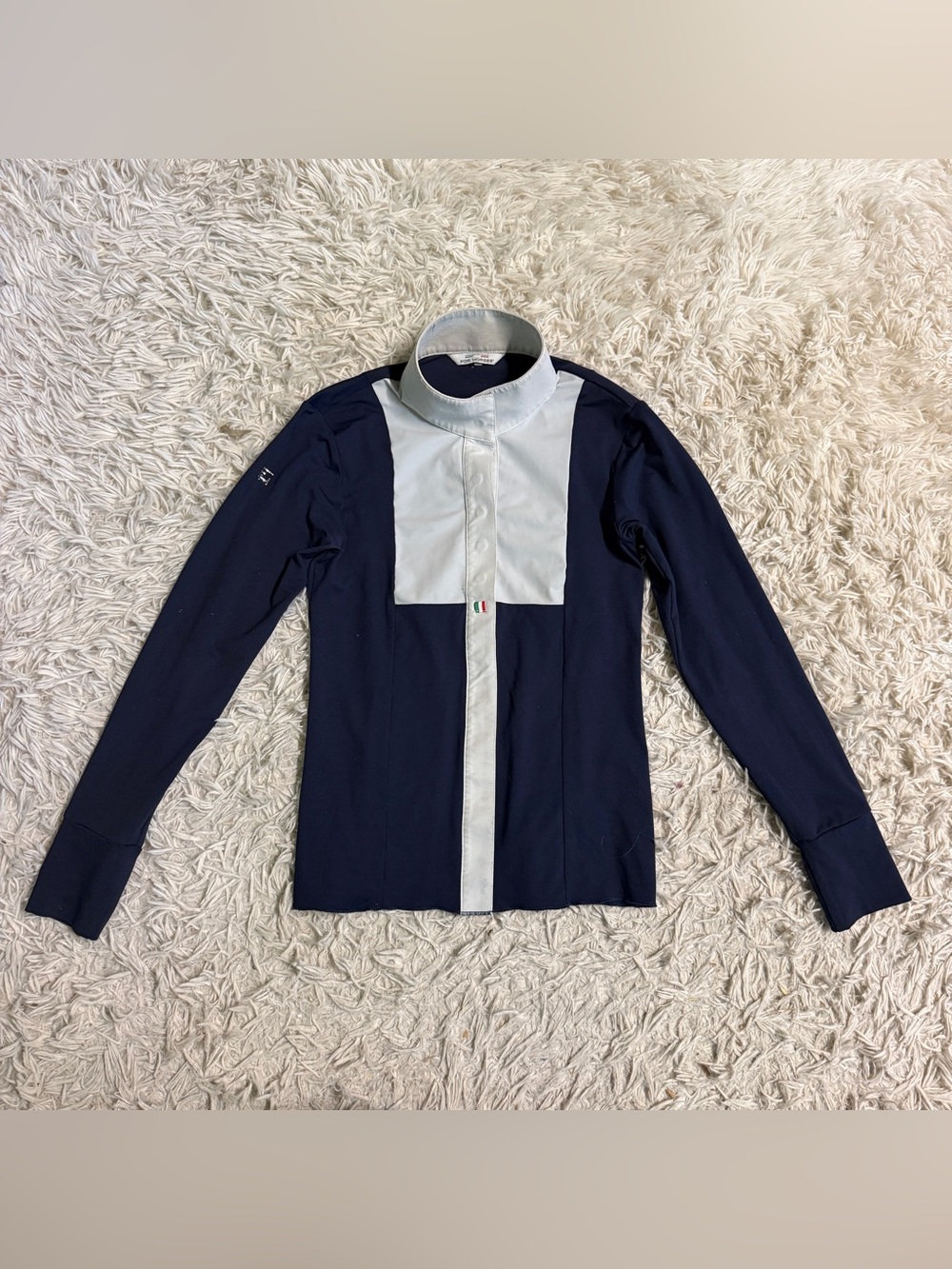 Child’s Size 10 Navy For Horses Long Sleeve Horseback Riding Show Shirt